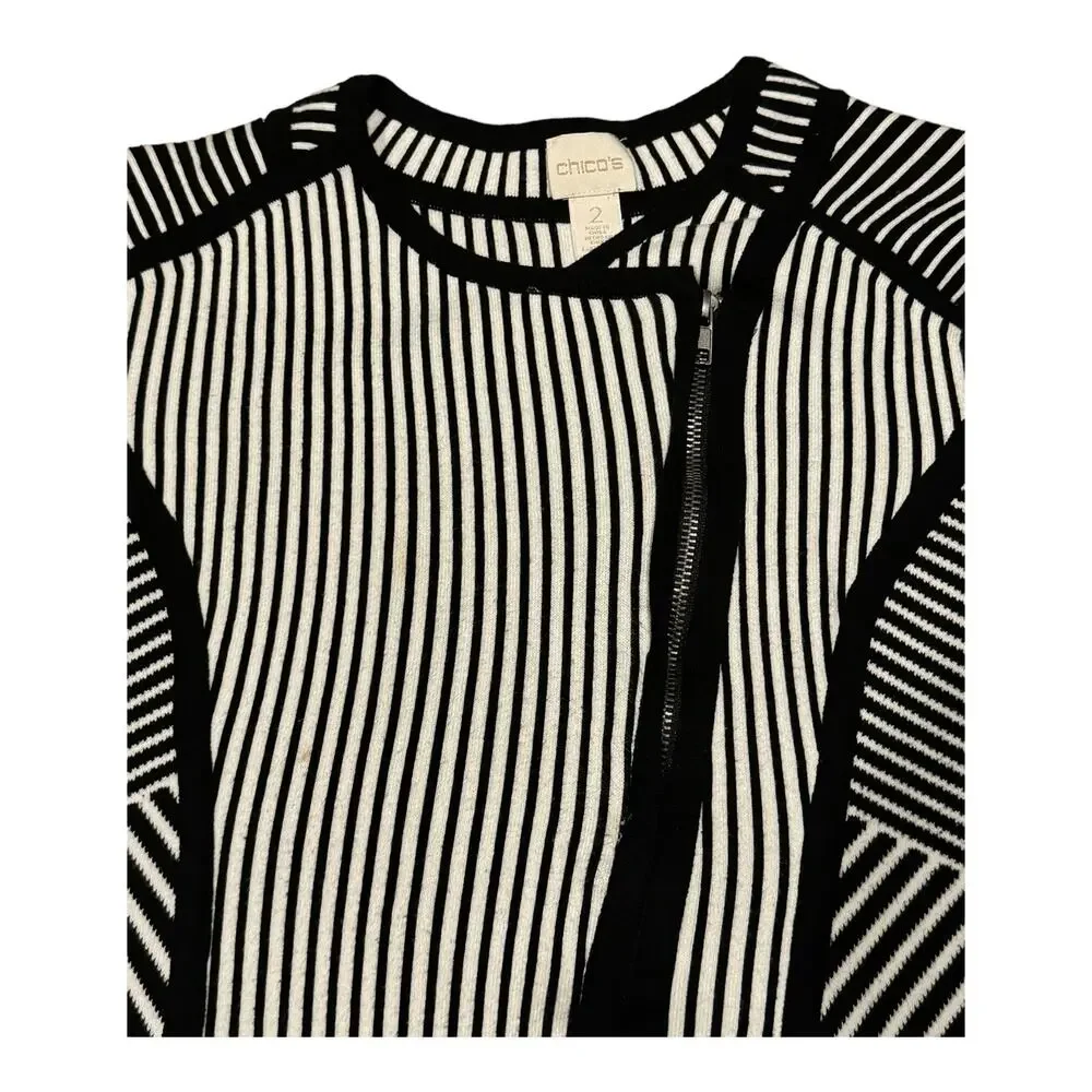 Chico's Natania Black/White Stripe asymmetrical Zip Up Cardigan Sweater size 12